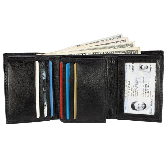 Men Wallet in Lambskin Leather Thin Trifold Black Classic Wallet - Picture 1 of 13